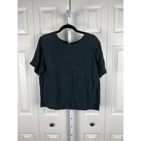 Ojai 100% linen black short sleeve boxy cut womens top blouse lagenlook Medium - Picture 5 of 6